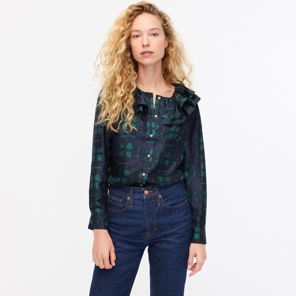 J. Crew Collection - Silk Twill Ruffle-collar Top in Plaid - Picture 2 of 11
